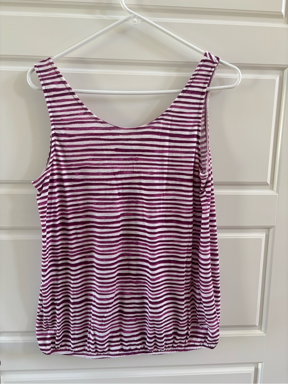 LOFT Striped Tank Top Plum & White | Pleated Neck Sleeveless Blouse | M - Picture 2 of 9